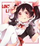  1girl :p alternate_costume black_hair blush bow copyright_name hair_bow heart heart-shaped_pupils highres kuromiwa-38 looking_at_viewer love_live!_school_idol_project maid maid_headdress red_eyes solo symbol-shaped_pupils thigh-highs tongue twintails white_legwear yazawa_nico 