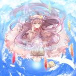  1girl 3000_xiao_chun absurdres bird blue_sky book bow capelet clouds crescent crystal dress feathers grimoire hat highres long_hair looking_at_viewer magic_circle open_clothes open_coat patchouli_knowledge purple_hair sky solo striped striped_dress touhou very_long_hair violet_eyes water waves 