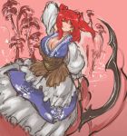  1girl breasts cleavage dress hair_bobbles hair_ornament highres large_breasts long_hair long_sleeves nameo_(judgemasterkou) onozuka_komachi puffy_long_sleeves puffy_sleeves red_eyes redhead scythe solo touhou two_side_up 