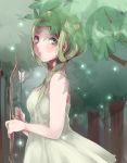  1girl arrow blush bow braid dress forest green_eyes green_hair nature original rough solo takeshima_(nia) twin_braids 
