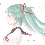  1girl bust closed_eyes green_hair hair_ribbon hatsune_miku marin_(myuy_3) open_mouth petals profile ribbon sailor_collar solo twintails vocaloid white_background 