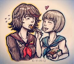  2girls chopsticks feeding food k-y-h-u kill_la_kill lunchbox mankanshoku_mako marker_(medium) matoi_ryuuko multiple_girls school_uniform senketsu serafuku short_hair symbol-shaped_pupils traditional_media 