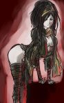  1girl bandages bandana bent_over black_hair breasts character_request messy_hair pale_skin red_eyes scarf siren_2 solo thigh-highs 
