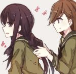  2girls black_hair braid braiding_hair brown_eyes brown_hair hairdressing kantai_collection kitakami_(kantai_collection) long_hair multiple_girls neckerchief ooi_(kantai_collection) open_mouth payot personification pokoruru school_uniform serafuku single_braid smile 