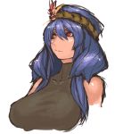  blue_hair breasts bust flower hair_flower hair_ornament hairband halterneck highres large_breasts nameo_(judgemasterkou) red_eyes rope shimenawa solo touhou yasaka_kanako 