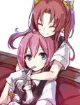  2girls ^_^ blue_eyes brown_hair bust closed_eyes dress_shirt gloves hair_ribbon hug hug_from_behind kagerou_(kantai_collection) kantai_collection long_hair multiple_girls personification pink_eyes pointy_ears pokoruru ribbon shiranui_(kantai_collection) shirt spoon_in_mouth twintails white_gloves 