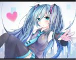  1girl aqua_eyes aqua_hair detached_sleeves hatsune_miku heart letterboxed long_hair necktie outstretched_arm pasuchii solo thighhighs twintails very_long_hair vocaloid 