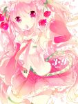  1girl cherry detached_sleeves food food_as_clothes food_themed_clothes fruit hatsune_miku highres long_hair necktie petals pink_eyes pink_hair remimim sakura_miku skirt solo thigh-highs twintails very_long_hair vocaloid 