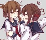  2girls ^_^ alternate_hair_length alternate_hairstyle brown_eyes brown_hair closed_eyes fang folded_ponytail ikazuchi_(kantai_collection) inazuma_(kantai_collection) kantai_collection long_hair multiple_girls neckerchief open_mouth personification pokoruru school_uniform serafuku short_hair sleeping smile wink 