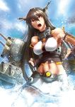  1girl black_hair breasts clenched_hands collarbone didloaded fingerless_gloves gloves hairband headgear kantai_collection long_hair midriff miniskirt nagato_(kantai_collection) navel open_mouth personification pleated_skirt red_eyes skirt solo turret very_long_hair water water_droplets 