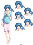  1girl alternate_costume barefoot blue_eyes blue_hair character_sheet closed_eyes grin hand_on_own_chest kawashiro_nitori open_mouth shirasaki_(19295604) short_hair smile solo surprised touhou white_background 