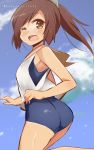  1girl 9law blush brown_eyes brown_hair clouds highres i-401_(kantai_collection) kantai_collection open_mouth personification ponytail rough sailor_collar school_swimsuit short_hair signature sky solo swimsuit swimsuit_under_clothes tan tanline wink 