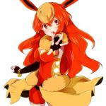  1girl animal_ears blonde_hair blush bracelet elbow_gloves fingerless_gloves gloves jewelry jpeg_artifacts long_hair multicolored_hair open_mouth personification pokemon red_eyes redhead solo takeshima_(nia) two-tone_hair 