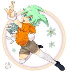  1boy bunny_tail fei_rune flower green_eyes green_hair inazuma_eleven_(series) inazuma_eleven_go inazuma_eleven_go_chrono_stone male mizuhara_aki no_pupils open_mouth shorts solo stuffed_animal stuffed_bunny stuffed_toy tail thigh-highs white_background 