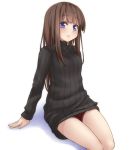  1girl blue_eyes blush brown_hair long_hair looking_at_viewer naked_sweater original revision ribbed_sweater simple_background sitting solo sweater tori_(minamopa) white_background 