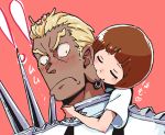  !! 1boy 1girl ammonio biting blonde_hair blush brown_hair dark_skin ear_biting earrings ears gamagoori_ira jewelry kill_la_kill mankanshoku_mako short_hair 