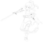  1girl :&lt; absurdres armor bow breastplate dress gauntlets greaves hair_bow highres kirio_(ccr00235) lineart long_hair monochrome no_nose ponytail scabbard shanghai_doll sheath simple_background solo standing_on_one_leg sword touhou weapon white_background 