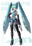  1girl aqua_eyes aqua_hair character_name hand_on_hip hatsune_miku headset mazingkaizer necktie open_mouth solo thigh-highs vocaloid 