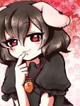  1girl animal_ears black_hair blush carrot inaba_tewi jewelry looking_at_viewer necklace rabbit_ears red_eyes s-s_(ss) short_hair smile solo touhou 