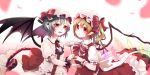  2girls bat_wings blonde_hair blue_hair blush bow fang flandre_scarlet flower hat hijiri-ssh looking_at_viewer multiple_girls open_mouth pointy_ears red_eyes remilia_scarlet short_hair short_sleeves siblings side_ponytail sisters smile touhou wings wrist_cuffs 
