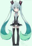  1girl 2014 ahoge aqua_eyes aqua_hair artist_name boots dated detached_sleeves hatsune_miku headset inaka_keikou long_hair necktie pigeon-toed skirt solo thigh_boots thighhighs twintails very_long_hair vocaloid 