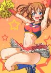  1girl arms_up blue_eyes blush breasts character_request cheerleader headset kosuke_haruhito long_hair midriff open_mouth pom_poms ponytail roller_skates shiny shiny_skin side_ponytail skates skirt smile solo star starry_background sweat 