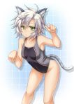  1girl animal_ears cat_ears chestnut_mouth competition_swimsuit eiyuu_densetsu fie_claussell kemonomimi_mode looking_at_viewer one-piece_swimsuit paw_pose roura sen_no_kiseki short_hair solo swimsuit white_hair yellow_eyes 