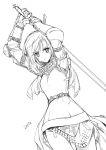  1girl arms_up isizuaki looking_at_viewer monochrome ragnarok_online short_hair simple_background solo sword weapon white_background 