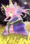  1girl absurdres animal_ears breasts caster_(fate/extra) fate/extra fate_(series) field fox_ears fox_tail full_moon hair_ribbon highres japanese_clothes kimono moon pink_hair ribbon shuuhyaku_(zb1994) solo tail twintails yellow_eyes 