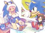  bed breast_rest breasts cleavage cosplay costume crossover cup hat namesake pillow pink_hair plush red_eyes shadow_the_hedgehog sonic super_sonico 