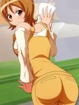  1girl aokura_shou ass bare_shoulders brown_eyes brown_hair casual cleaning_windows dustcloth happinesscharge_precure! highres looking_back oomori_yuuko overalls precure short_hair solo 