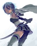  1girl ;) absurdres armband blue_eyes blue_hair cape gloves highres konya_(chocolate_palette) looking_back magical_girl mahou_shoujo_madoka_magica miki_sayaka short_hair simple_background solo sword thigh-highs weapon white_background wink zettai_ryouiki 
