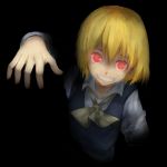  1girl alternate_color ascot blonde_hair blouse dark darkness ears grin highres no_ribbon red_eyes rumia short_hair smile touhou vest 