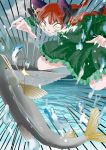  +_+ 1girl animal_ears bow braid cat_ears dress emphasis_lines extra_ears fingernails fish frills grin hair_bow kaenbyou_rin komu_(and_c) long_fingernails long_hair redhead saliva sharp_fingernails sharp_teeth smile solo touhou twin_braids water 