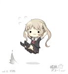  1girl :3 arms_up boots chibi flying_sweatdrops highres kantai_collection legs_up murasame_(kantai_collection) school_uniform serafuku shadow simple_background solid_circle_eyes solo white_background yuasan 