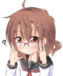  1girl ? adjusting_glasses ahoge bespectacled blush brown_eyes brown_hair glasses hair_ornament hairclip ikazuchi_(kantai_collection) kantai_collection naobe009 personification red-framed_glasses school_uniform semi-rimless_glasses serafuku short_hair solo white_background 