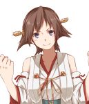  1girl absurdres bare_shoulders blue_eyes brown_hair bust clenched_hands hairband hiei_(kantai_collection) highres kantai_collection looking_at_viewer nontraditional_miko personification short_hair smirk solo tsukamoto_minori 
