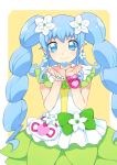  1girl alternate_form blue_eyes blue_hair bow cu-sith cure_princess earrings flower green_skirt hair_flower hair_ornament happinesscharge_precure! heart highres jewelry long_hair macadamia_hula_dance magical_girl precure shirayuki_hime skirt smile solo twintails yellow_background 