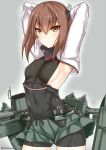  1girl arms_behind_head arms_up bike_shorts brown_hair headgear highres kantai_collection light_smile looking_at_viewer microskirt mizuse_kouichi personification short_hair skirt solo taihou_(kantai_collection) yellow_eyes 