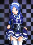  1girl alternate_costume aono_miki blue_eyes blue_hair c-wing checkered checkered_background corset dress enmaided fresh_precure! long_hair maid maid_headdress precure ribbon skirt skirt_lift smile thigh-highs 