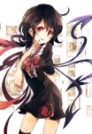  1girl arm_behind_back asymmetrical_wings black_dress black_hair breasts dress finger_to_mouth hisona_(suaritesumi) houjuu_nue looking_at_viewer open_mouth red_eyes short_dress short_hair smile solo touhou wings 