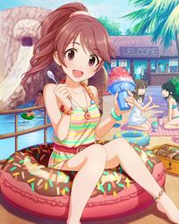  3girls :d artist_request brown_hair doughnut feeding flower food_themed_ornament idolmaster idolmaster_cinderella_girls jewelry mizumoto_yukari multicolored_stripes multiple_girls nakano_yuka necklace official_art open_mouth ponytail shaved_ice shiina_noriko smile solo_focus spoon tagme 