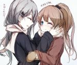  2girls ^_^ blue_eyes brown_hair closed_eyes grey_hair hair_ornament hairclip hands_on_another&#039;s_face jacket kantai_collection kumano_(kantai_collection) multiple_girls open_mouth personification pokoruru ponytail scarf smile suzuya_(kantai_collection) wink 