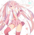  1girl 39 gumo hatsune_miku highres long_hair necktie no_panties petals pink_eyes pink_hair sakura_miku skirt solo thigh-highs twintails very_long_hair vocaloid wink 