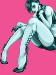  androgynous character_request corset_piercing crop_top eyeshadow grin high_heels legs long_legs makeup midriff monochrome piercing pigeon-toed pink_background ribbon sharp_teeth short_hair short_shorts shorts sitting smile solo stiletto_heels yoichiroru 