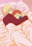  2boys bed blonde_hair cuddling emiya_shirou fate/stay_night fate_(series) gilgamesh male multiple_boys pillow sleeping smile under_covers velvelumpileuspil yaoi 