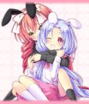  2girls animal_ears black_legwear blush bow drill_hair green_eyes hair_bow hug hug_from_behind kneehighs knees_together_feet_together lavender_hair letterboxed long_hair long_sleeves looking_at_another multiple_girls open_mouth orange_hair original pink_eyes pleated_skirt rabbit_ears ribbon sitting skirt socks takana_(srplus) very_long_hair white_legwear wink 