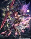  1girl anbe_yoshirou black_legwear book breasts cleavage clouds dress dual_blades elbow_gloves flying gloves highres jewelry lightning magic magic_circle moon necklace night night_sky open_book original redhead sky solo sword thigh-highs weapon yellow_eyes 