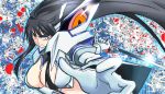  1girl black_hair blood blood_splatter breasts cleavage cleavage_cutout eyebrows forestss highres junketsu katana kill_la_kill kiryuuin_satsuki large_breasts long_hair revealing_clothes serious solo_focus sword thick_eyebrows weapon 