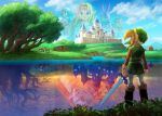  1boy a_link_between_worlds blonde_hair boots castle character_request deer different_reflection hat highres knee_boots lake link master_sword nintendo official_art pointy_ears princess_hilda princess_zelda reflection solo_focus the_legend_of_zelda tree tunic water 